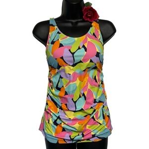 QVC 2 Pc Swimsuit Tankini High Waisted Sz 6 Modest Geometric Aqua Pink NWOT